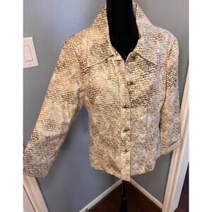 Chicos ladies lined gold & cream blazer w/ pockets and gold barrel buttons. Sz 1